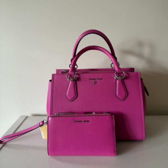 Michael Kors Marilyn Medium Satchel w/Smartphone Wallet BUNDLE Hot Pink Tote - Picture 1 of 16